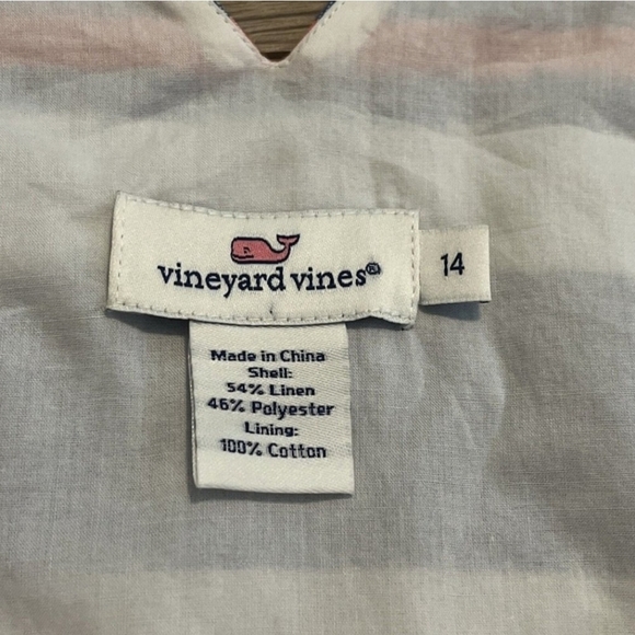 Vineyard Vines Sundress SZ 14 Linen Blue White Orange Stripe Lined V Neck Lined - Picture 5 of 7